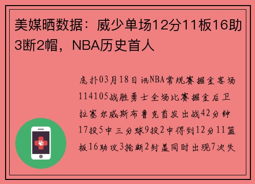 美媒晒数据：威少单场12分11板16助3断2帽，NBA历史首人