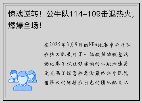 惊魂逆转！公牛队114-109击退热火，燃爆全场！